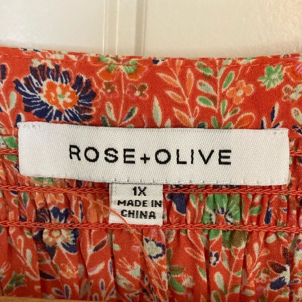 Rose+Olive Womens Orange Floral Top Size 1X 3/4 Sleeve Career Summer Spring‎